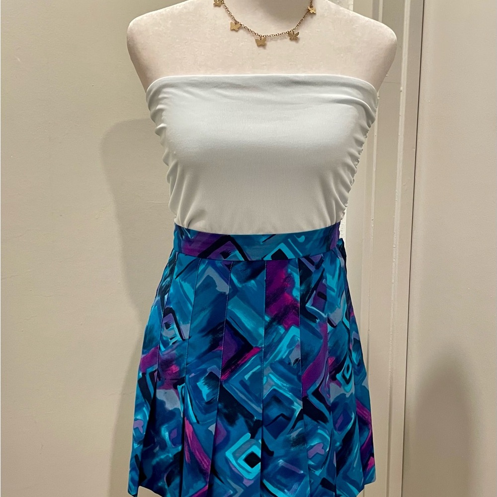 VTG 70s 80s Quantum Sport Blue & Purple Geometric Print Pleated Mini Skirt - 12